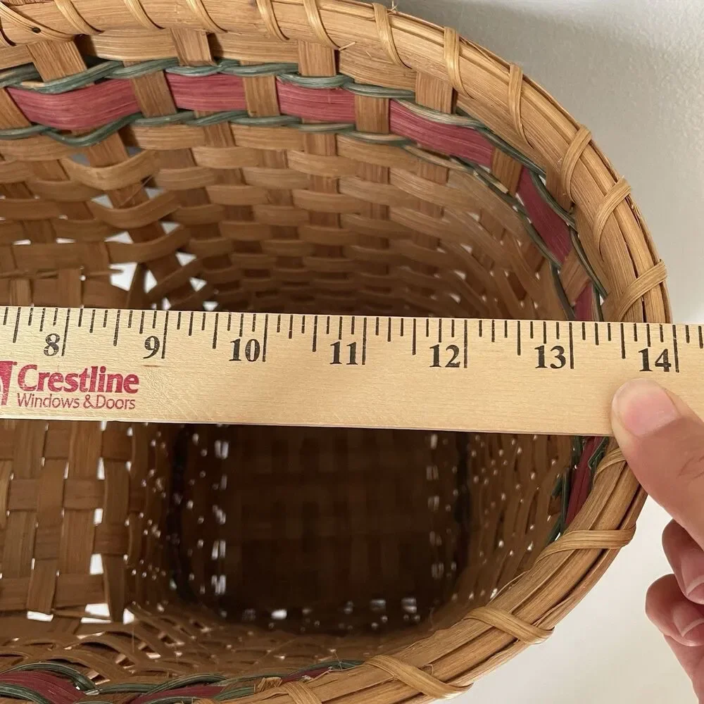 Vintage Rustic Country Woven Stair Basket Cottagecore Tan Red Green 13' x 14'